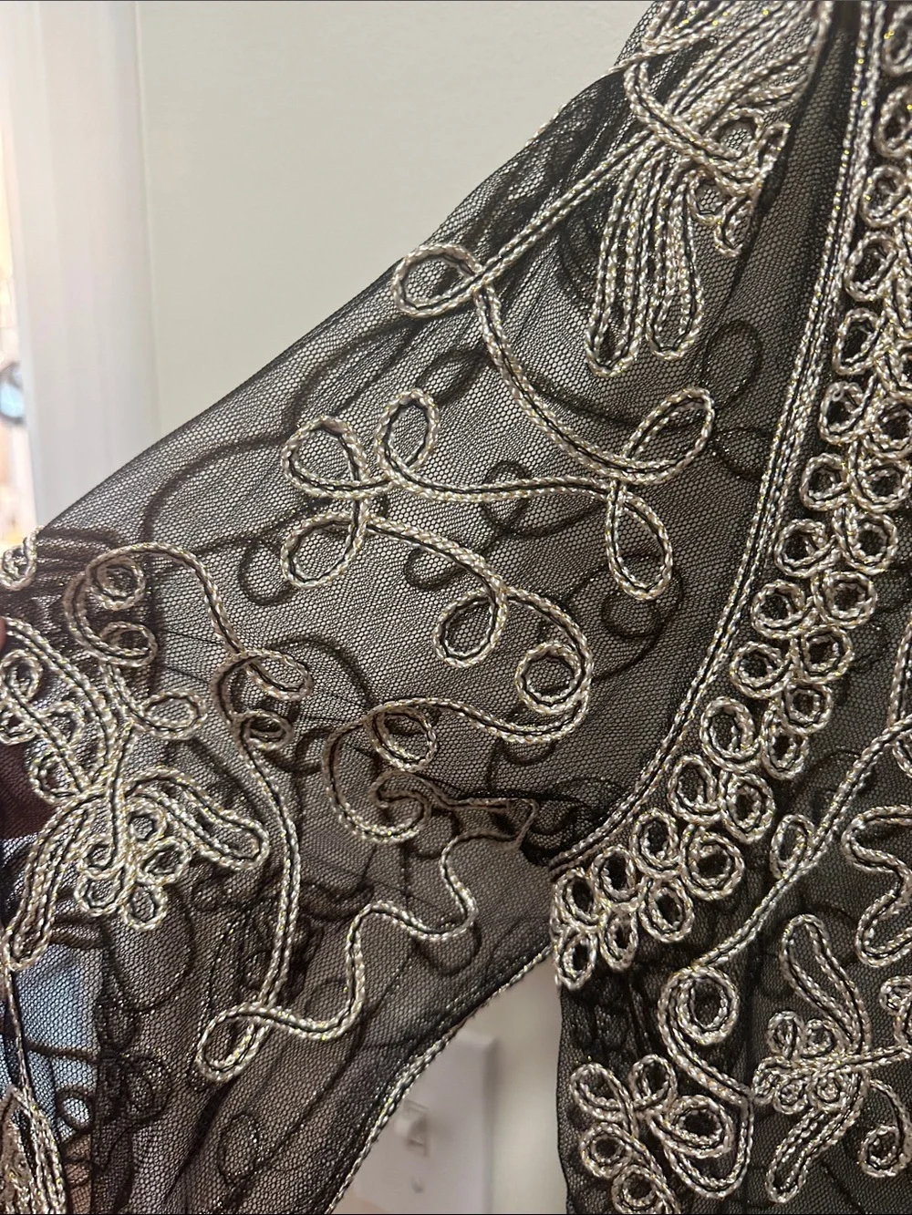Embroidered Black Sheer Jacket with Ivory Stitching - Picture 4 of 5